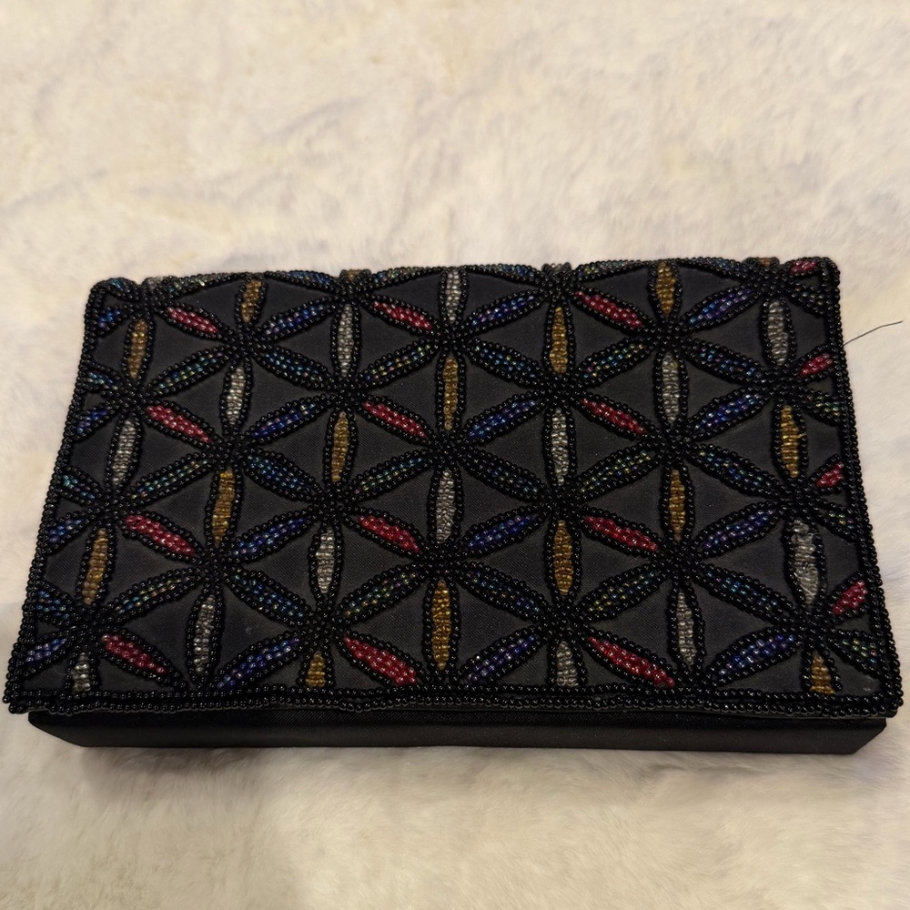 Black Beaded Evening Clutch with Multicolor Accents